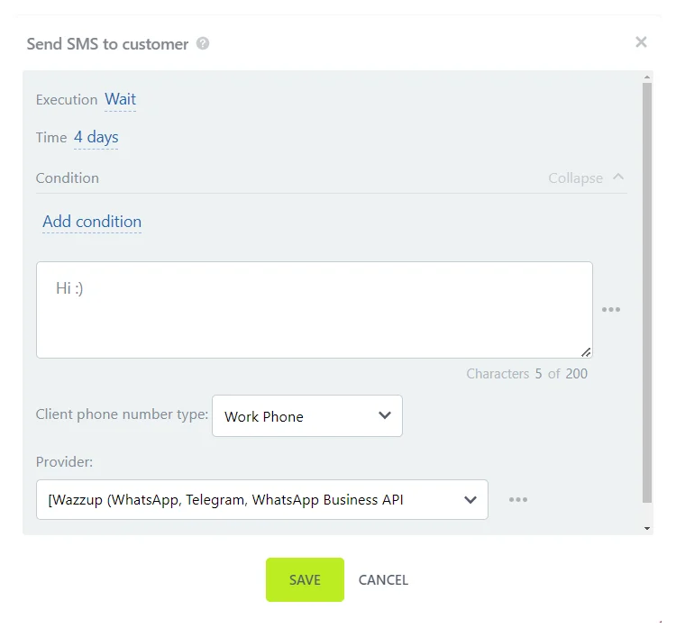 Automation Rule Send Sms Preview
