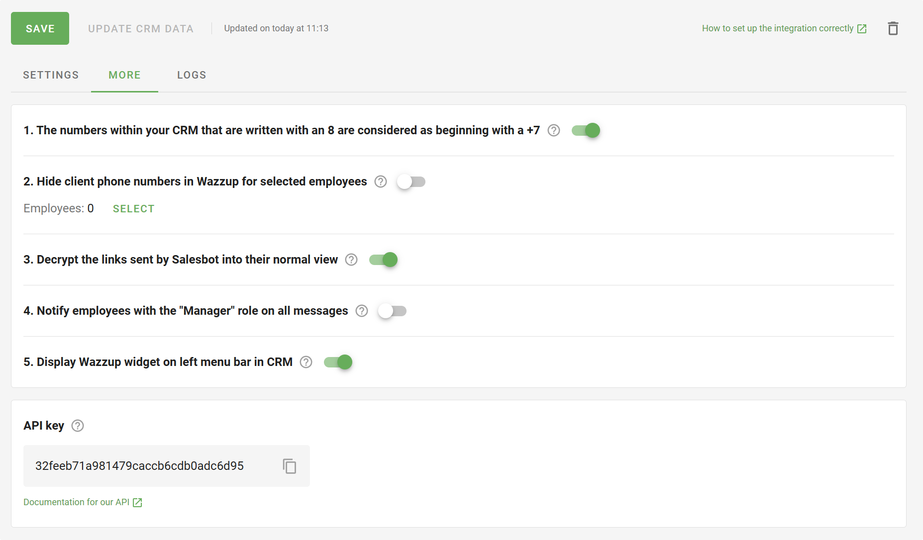 More Tab Integration Settings